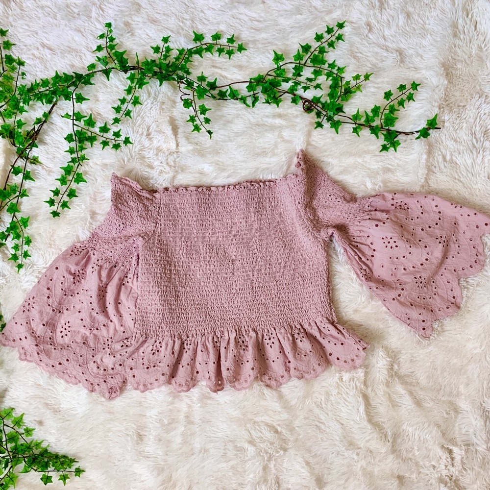 Express Off Shoulder Eyelet Lace Bell Sleeve Top